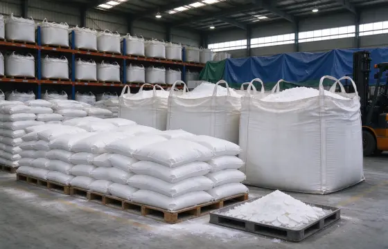 化工仓储实拍，仓库木托盘整齐堆放吨包与袋装氯化钙原料，主要应用于道路融雪、干燥剂、食品、建筑、石油、制冷及水处理等行业。
